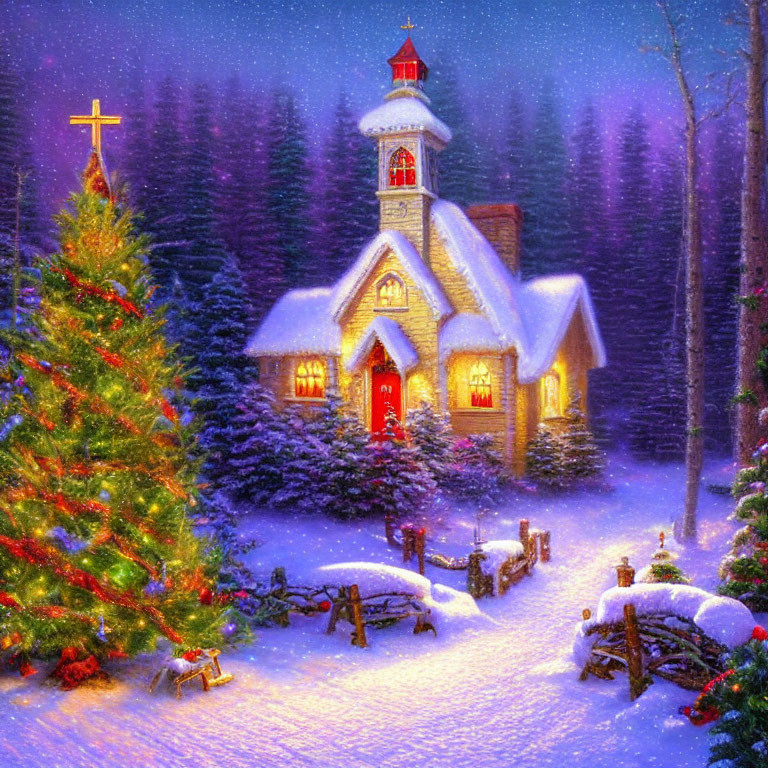 Snow-covered chapel with Christmas tree and sled in twilight forest setting