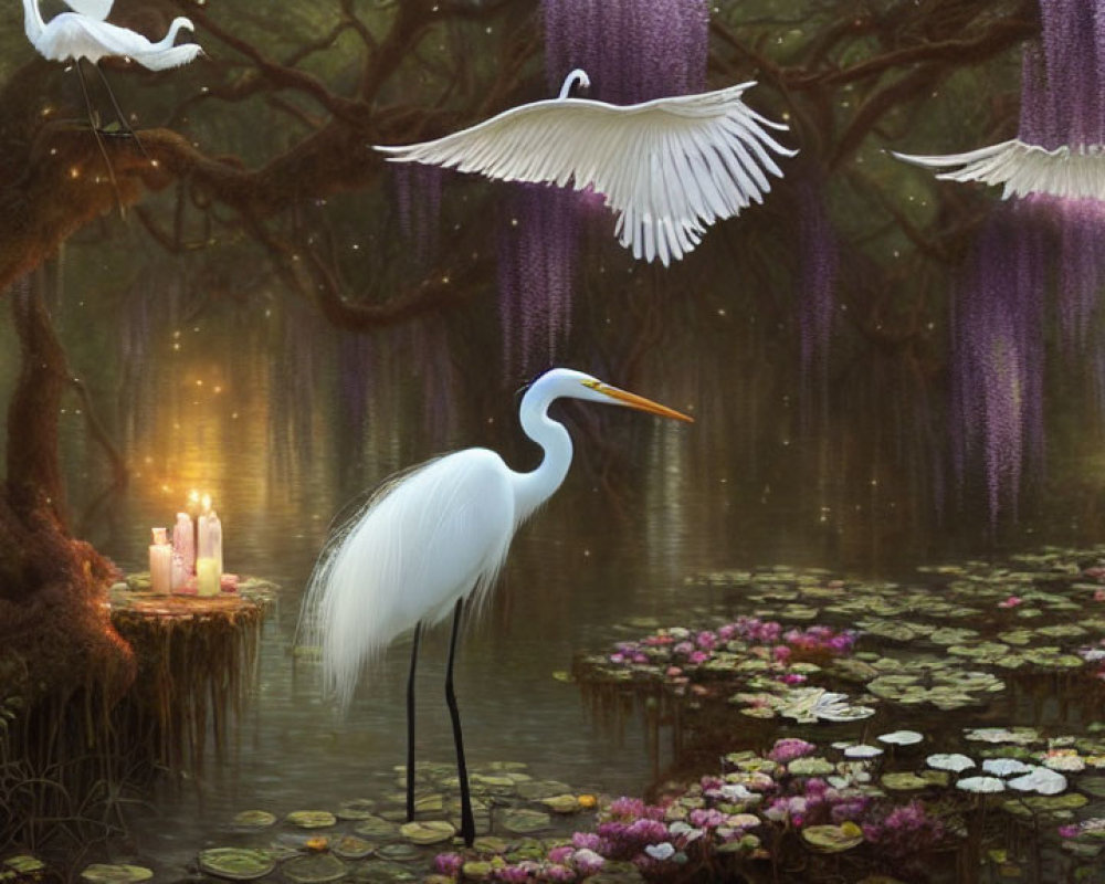 Tranquil forest scene with white egret, water lilies, and ancient trees