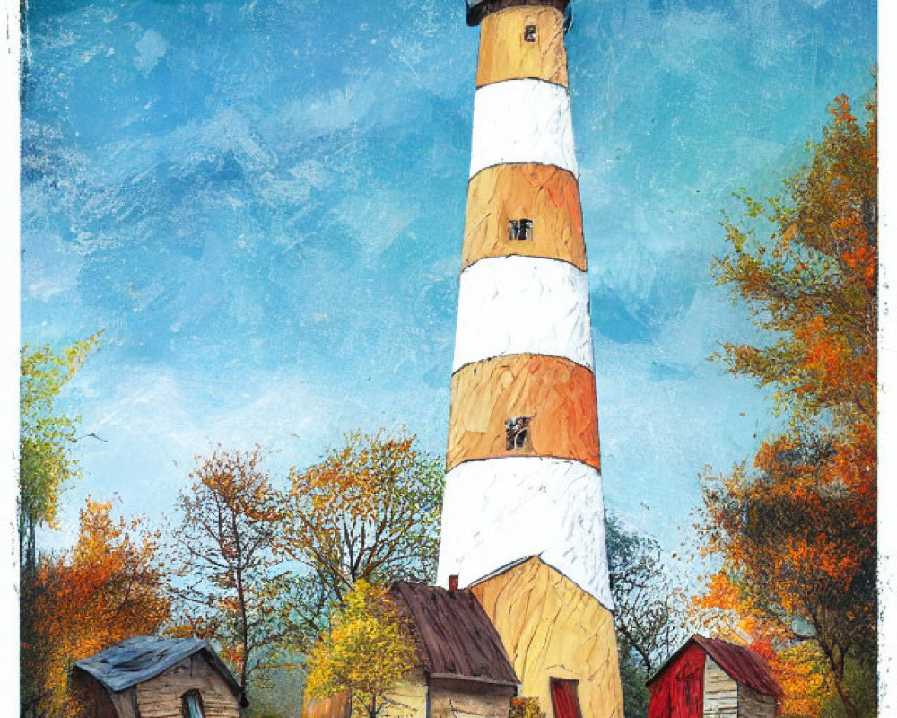 Striped lighthouse painting with autumn trees and buildings under blue sky