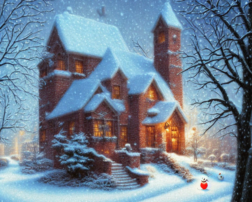 Snow-covered house with illuminated windows in twilight setting with falling snowflakes and red birds.