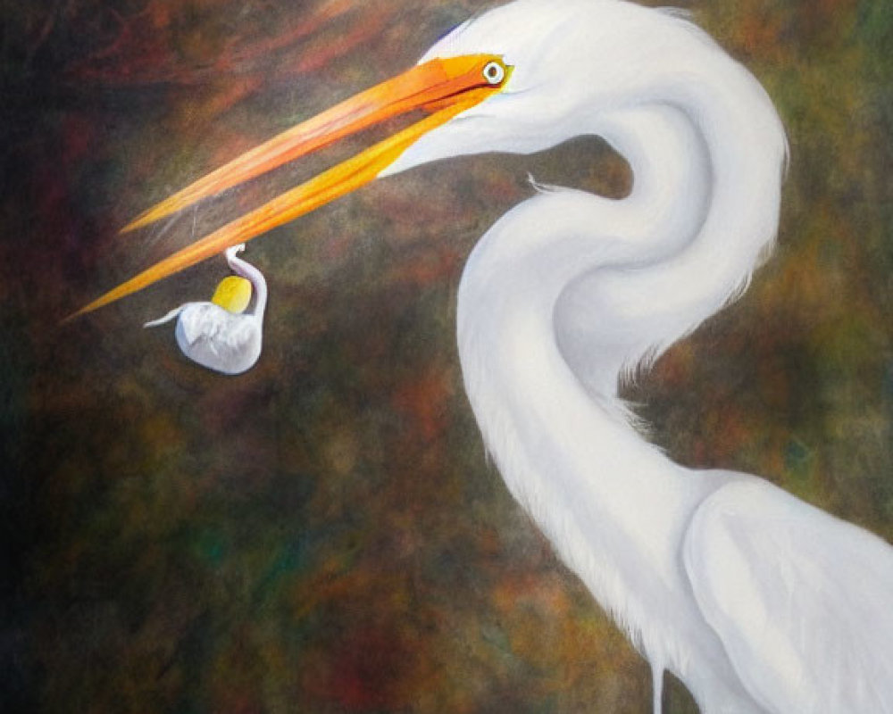 White Egret with Yellow Beak Holding Fish in Muted Background