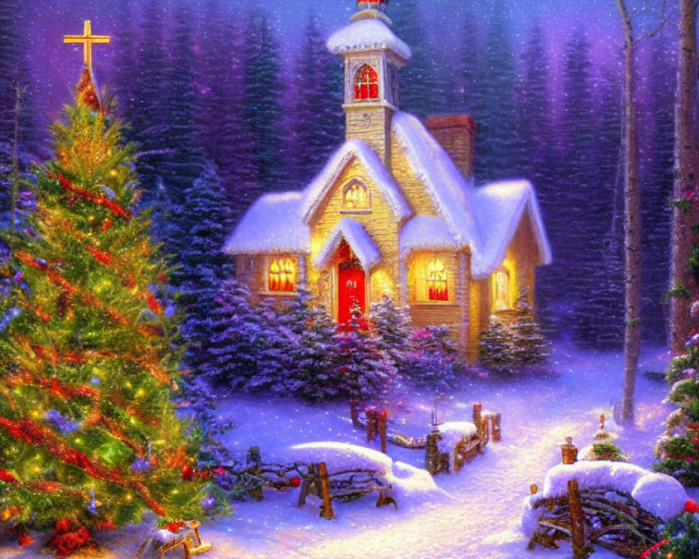 Snow-covered chapel with Christmas tree and sled in twilight forest setting