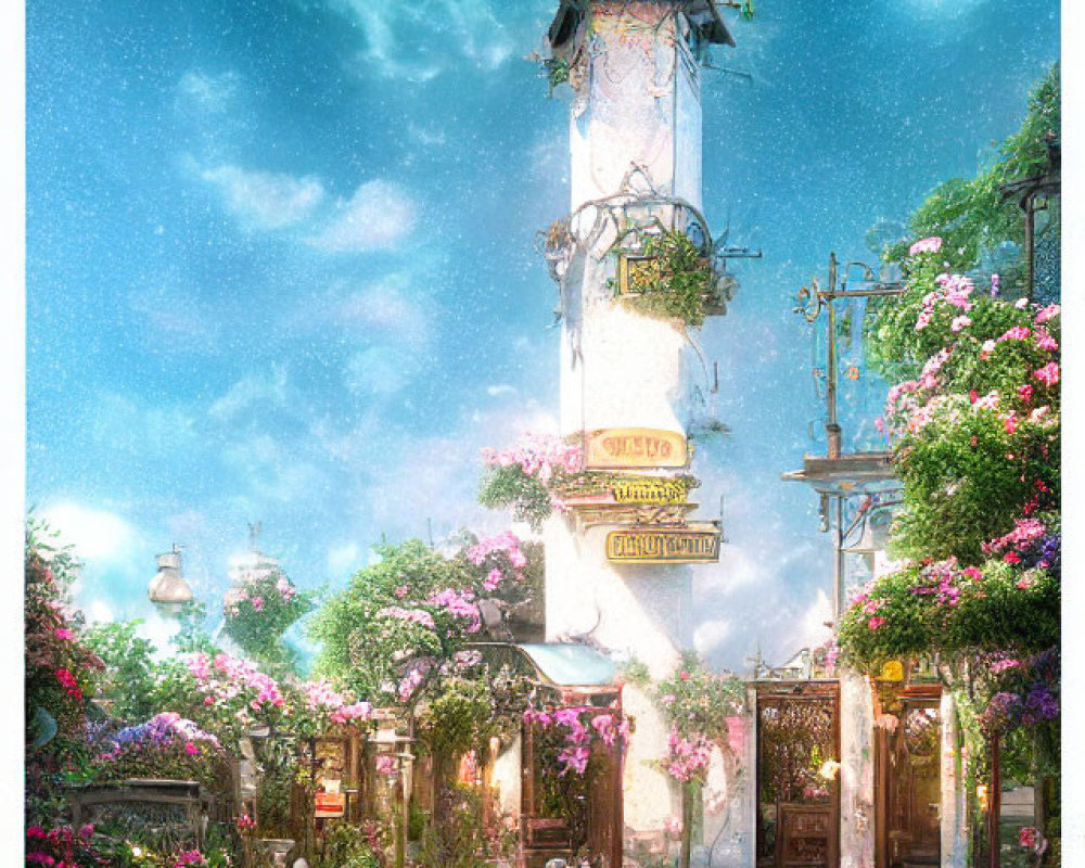 Flower-Adorned Tower in Starry Sky with Gardens