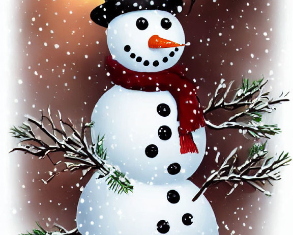 Snowman with top hat, red scarf, and carrot nose in snowy scene