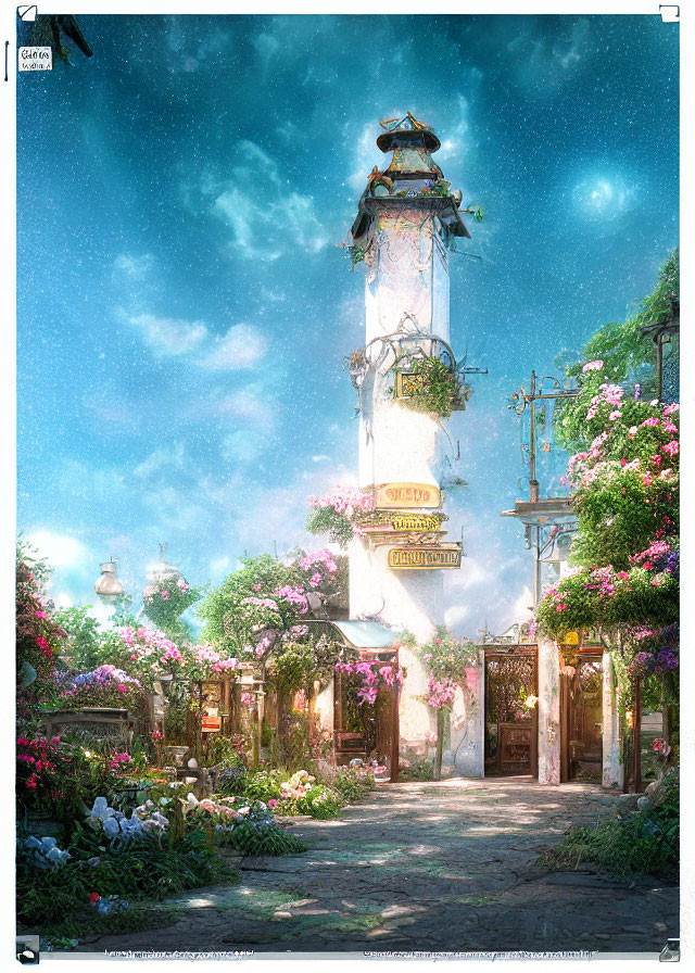 Flower-Adorned Tower in Starry Sky with Gardens