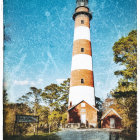 Striped lighthouse painting with autumn trees and buildings under blue sky