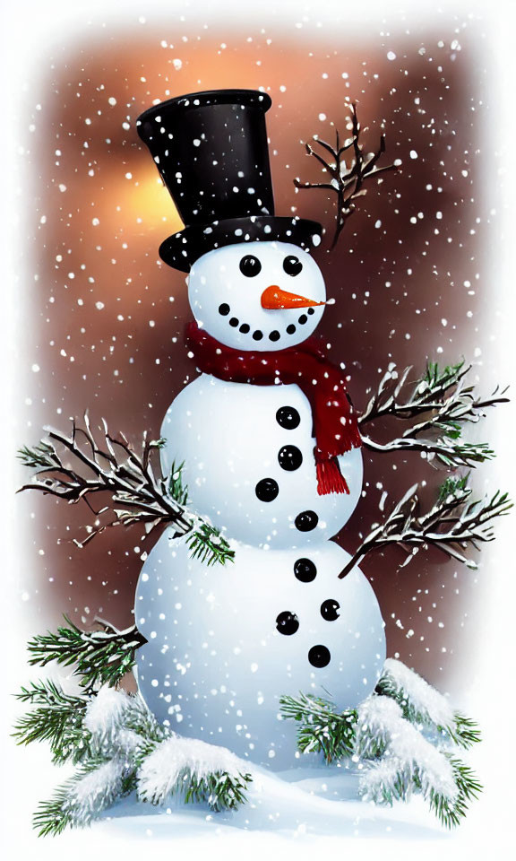 Snowman with top hat, red scarf, and carrot nose in snowy scene