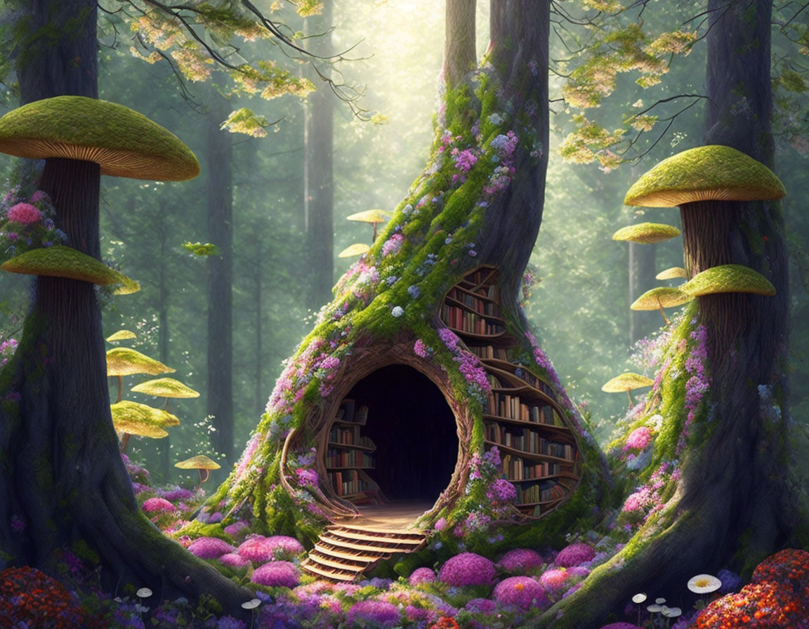 Magical forest scene with treehouse, mushrooms, and vibrant flora