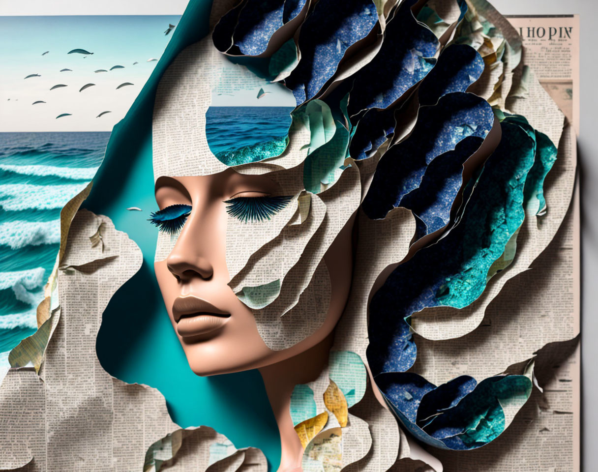 Surreal digital art: female face merges with oceanic and paper elements