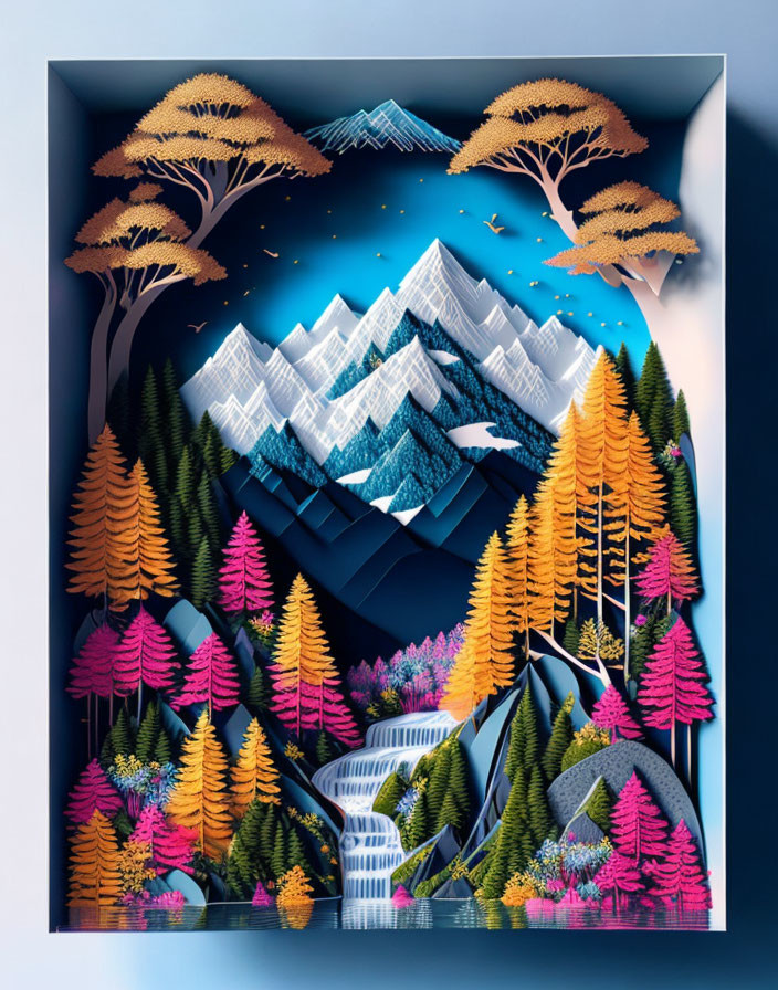 Colorful Paper Art Diorama of Mountain Landscape