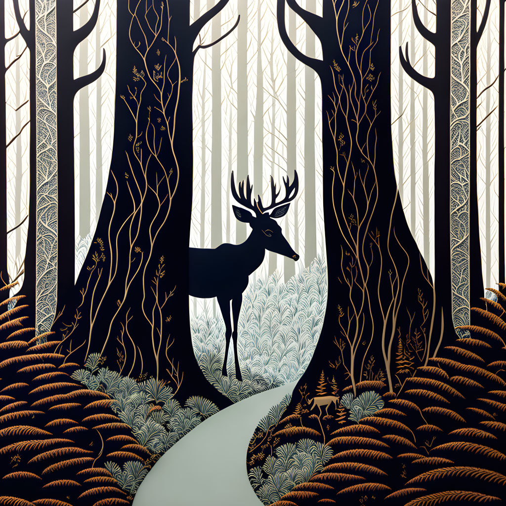 Detailed deer illustration in forest with intricate trees and foliage