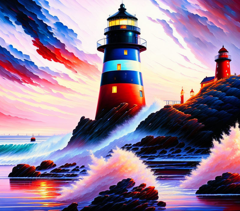 Vibrant seascape painting with two lighthouses, crashing waves, red and purple sky