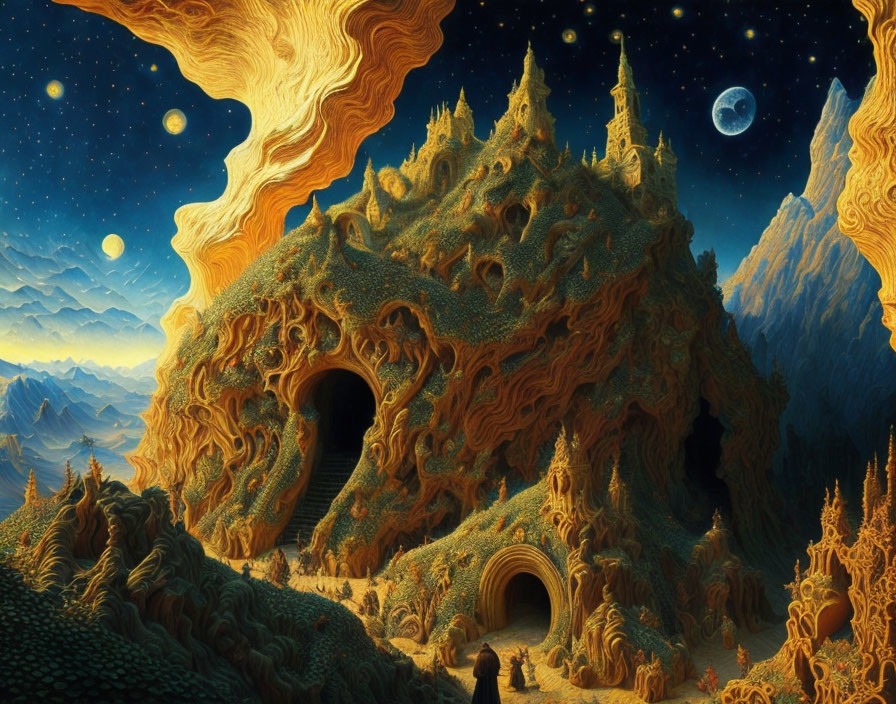 Surreal landscape with swirling patterns, moons, and lone figure