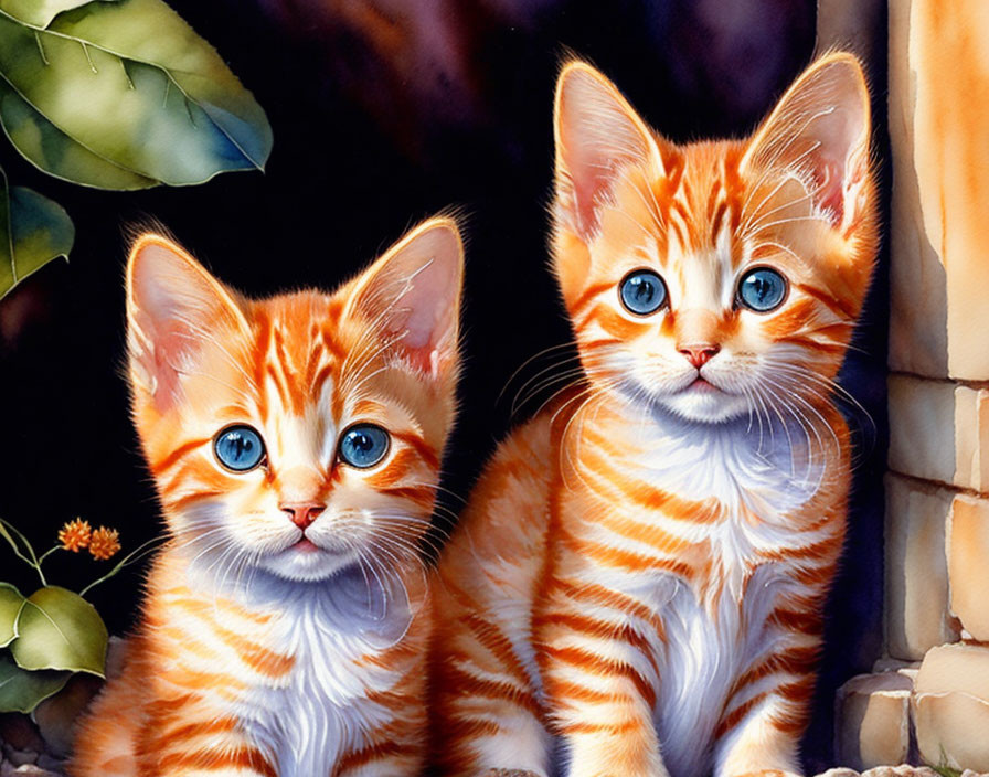 Two Orange Tabby Kittens with Blue Eyes Surrounded by Dark Foliage