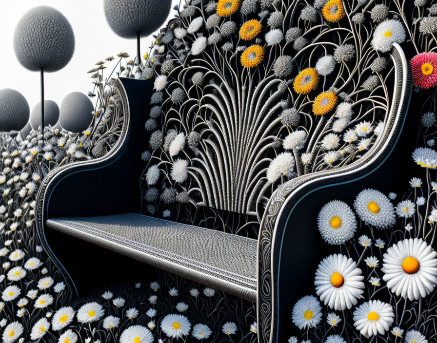 Surreal 3D artwork: Bench, daisies, abstract trees