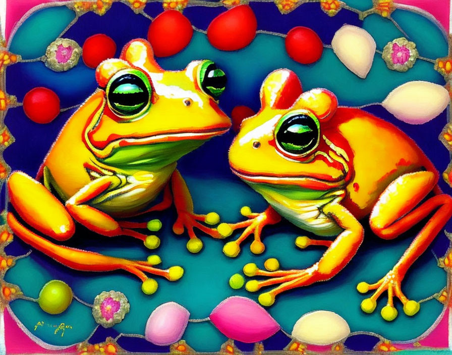 Colorful Cartoon Frogs with Candy on Decorative Background