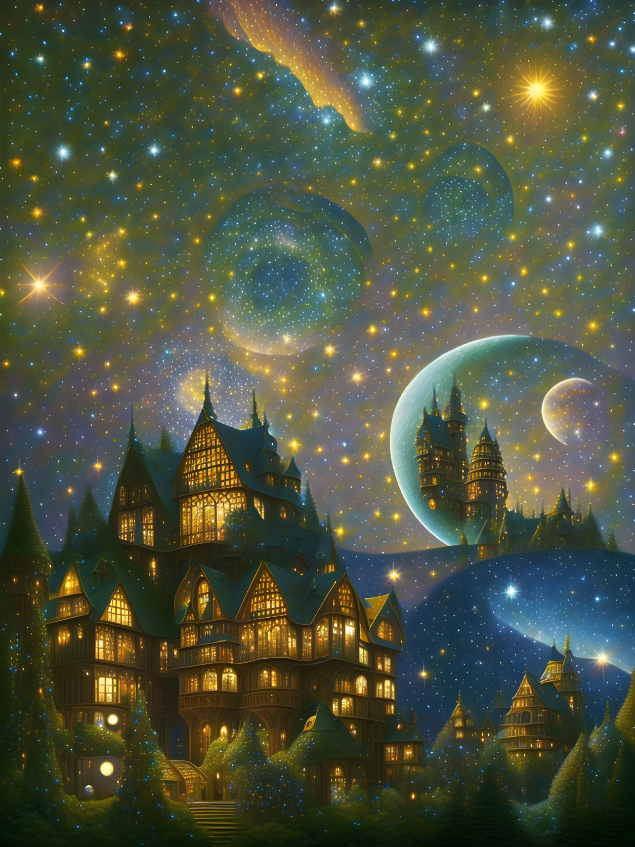 Enchanting nightscape with illuminated castle-like buildings under a starry sky