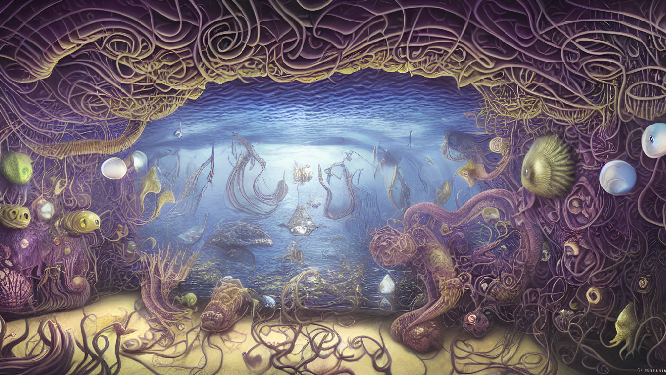 Enchanting underwater fantasy with humanoid figure, jellyfish, and coral.