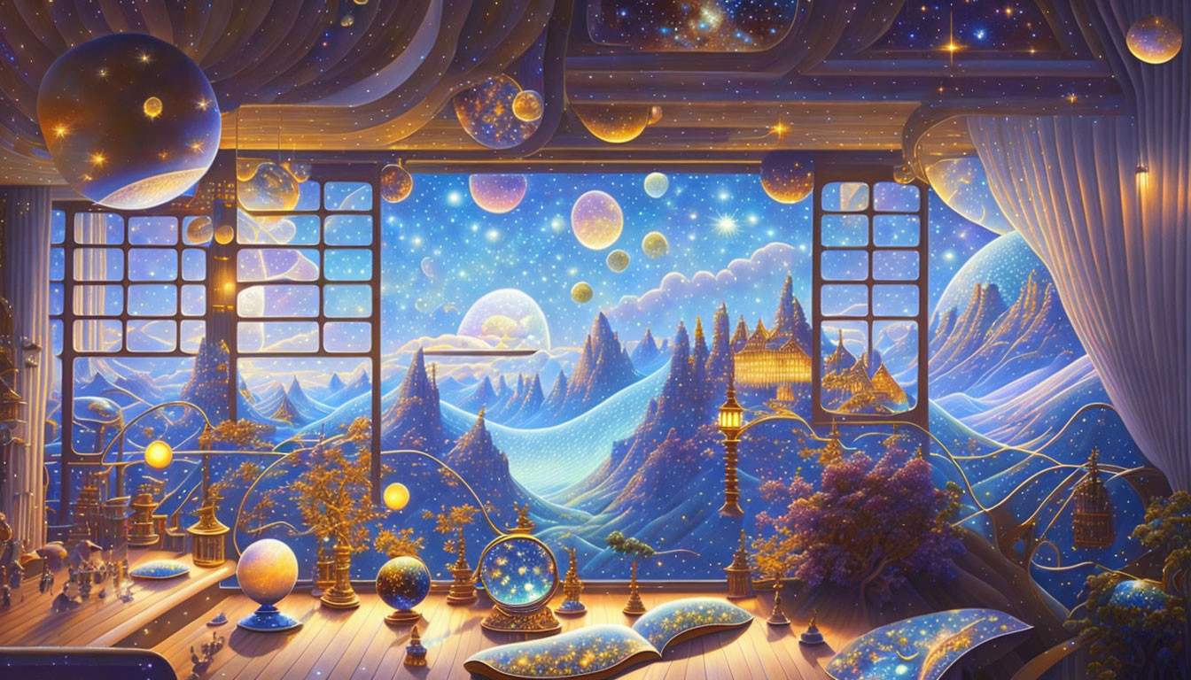 Celestial-themed Room with Planets, Stars, and Night Landscape