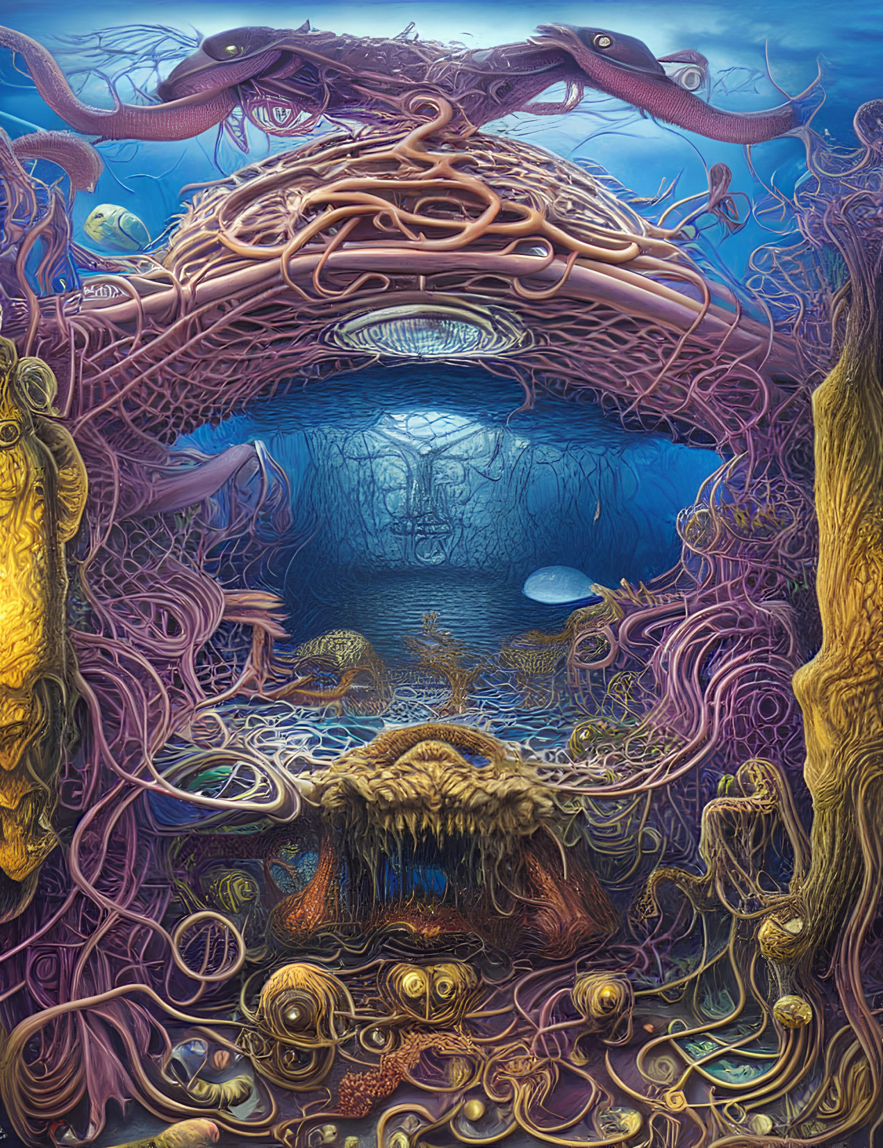 Detailed Underwater Coral Structures and Marine Life Scene