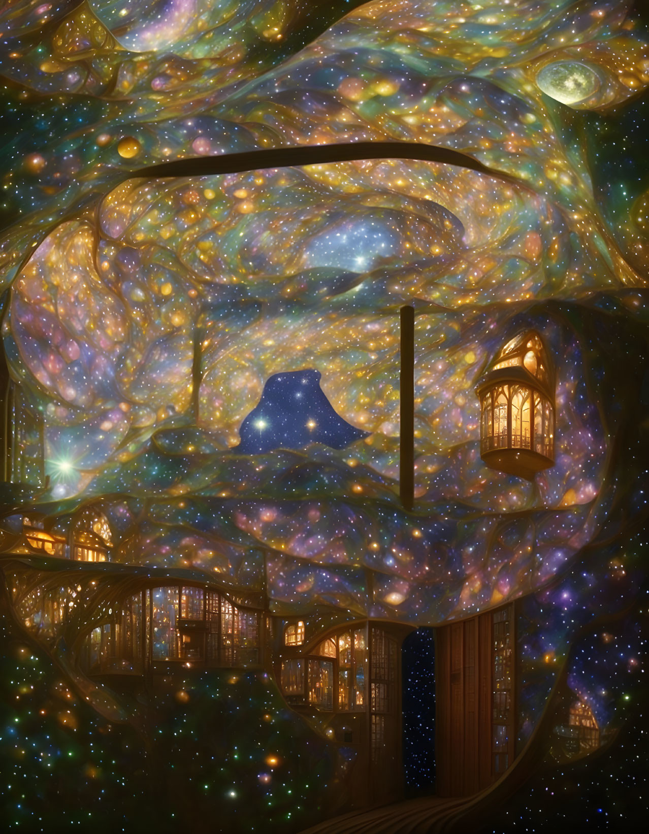 Cosmic-themed treehouse with starry swirls and warm lights