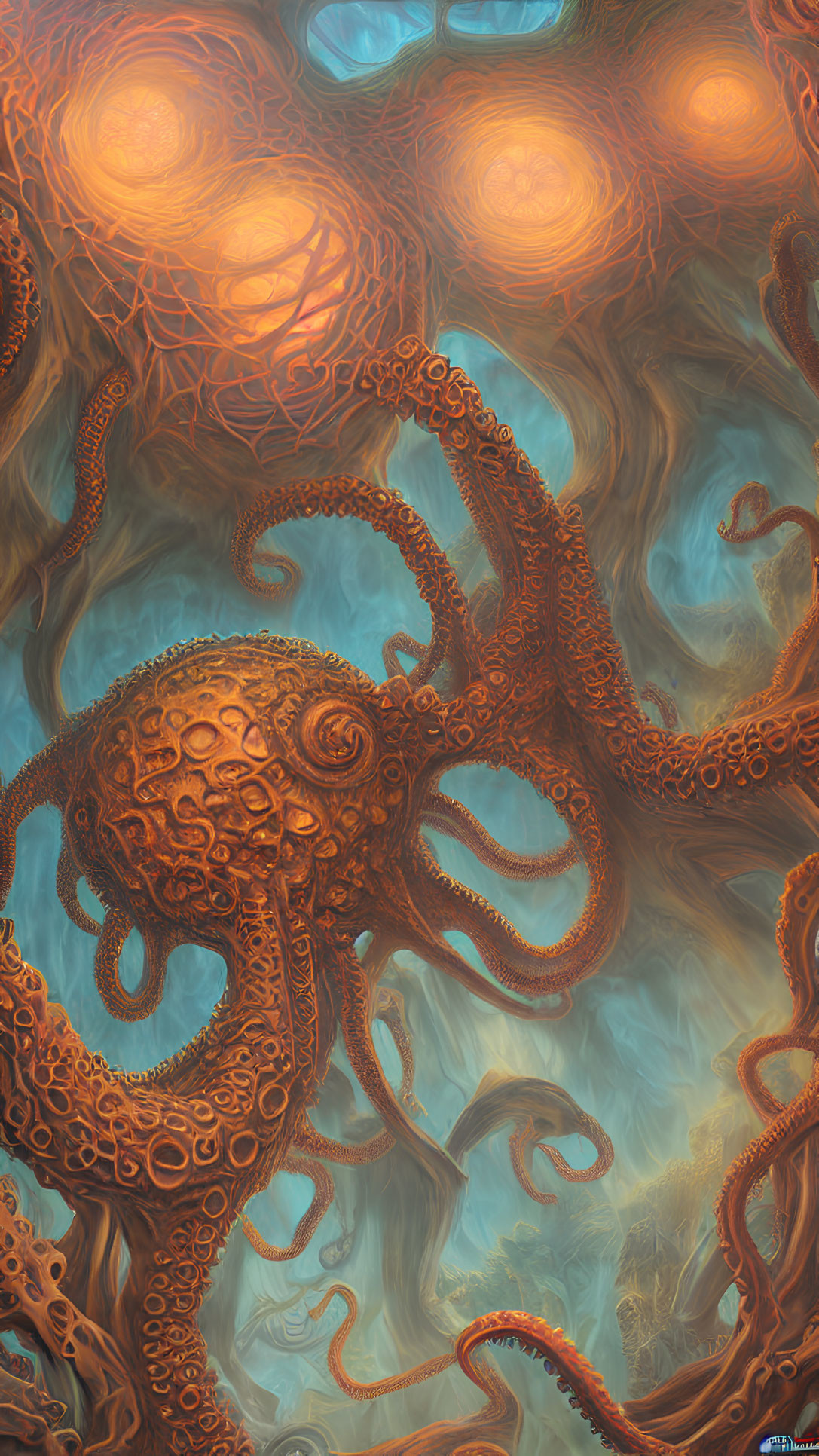 Detailed Octopus Illustration Among Glowing Orbs Underwater