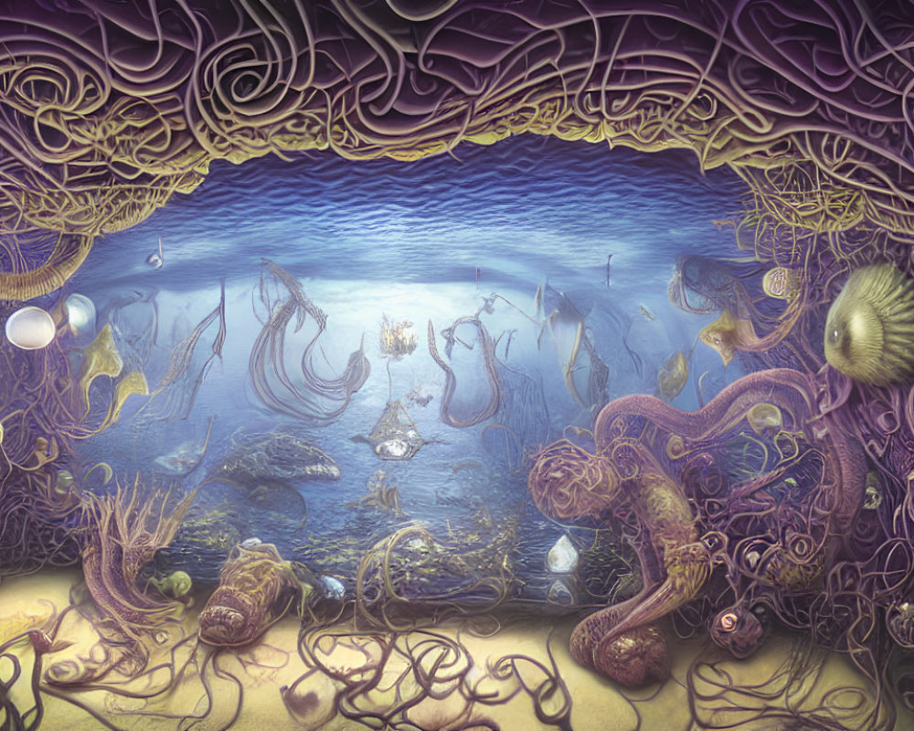 Enchanting underwater fantasy with humanoid figure, jellyfish, and coral.