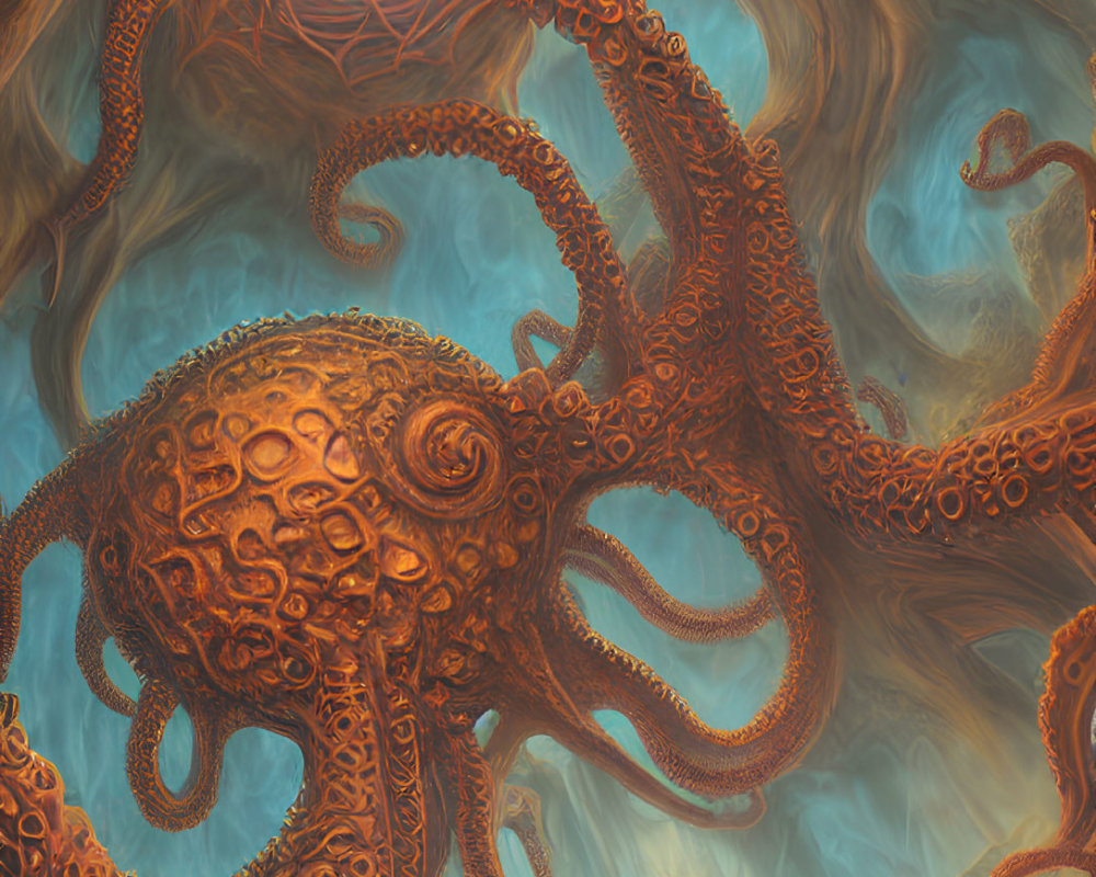 Detailed Octopus Illustration Among Glowing Orbs Underwater