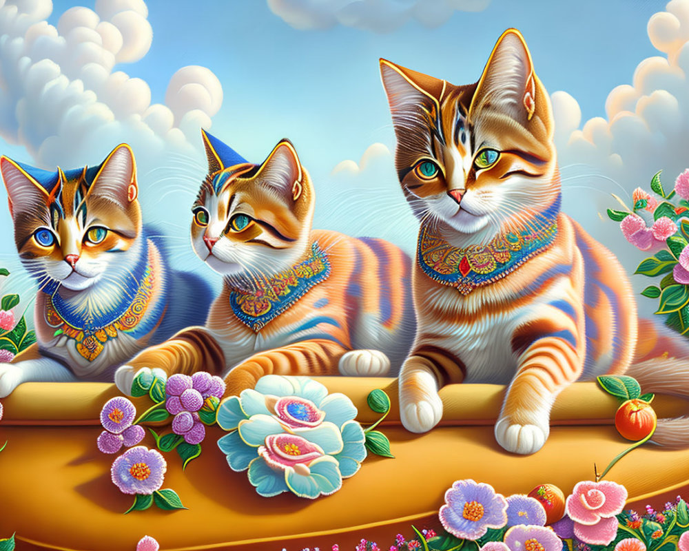 Three cartoon cats in elaborate collars relaxing in a whimsical garden scene