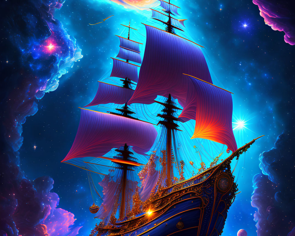 Majestic sailing ship in cosmic space with golden accents.