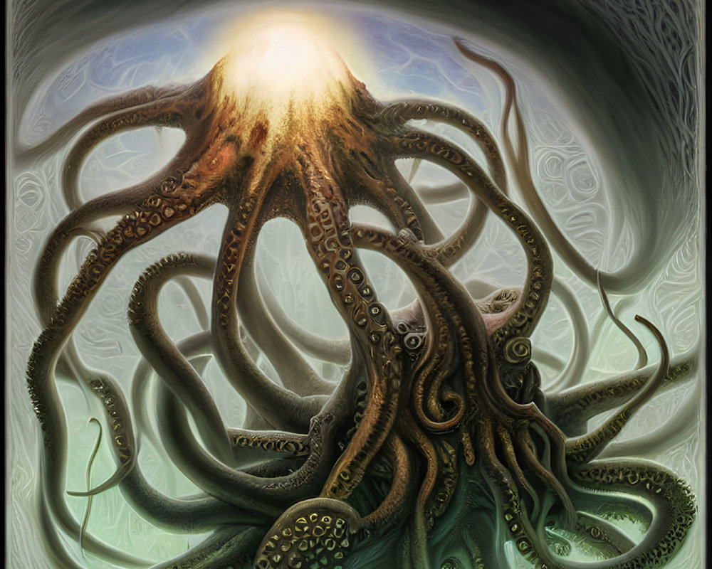 Surreal octopus illustration with spread tentacles on green backdrop