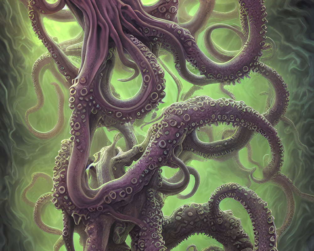 Purple Octopus-Like Creature with Tentacles on Green Misty Background