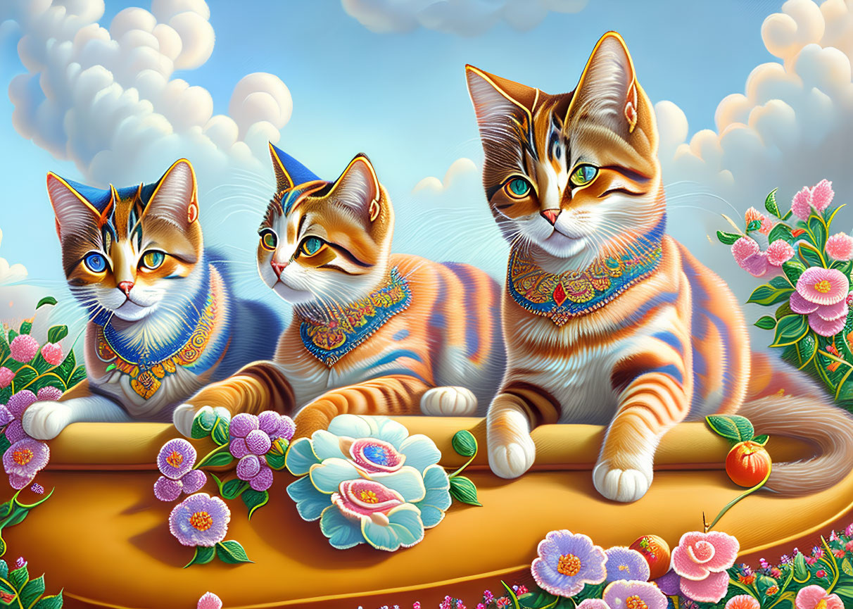 Three cartoon cats in elaborate collars relaxing in a whimsical garden scene