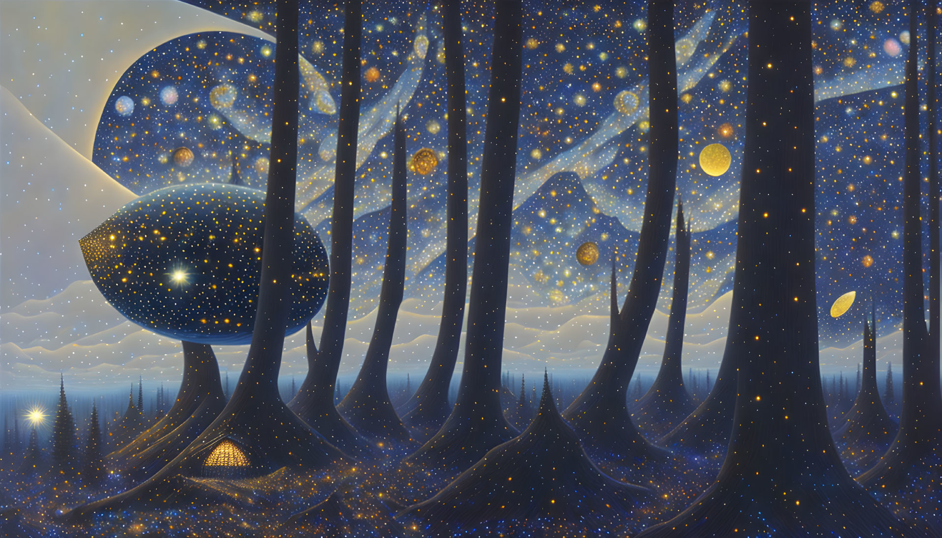 Enchanted forest with star-filled canopies and celestial night sky