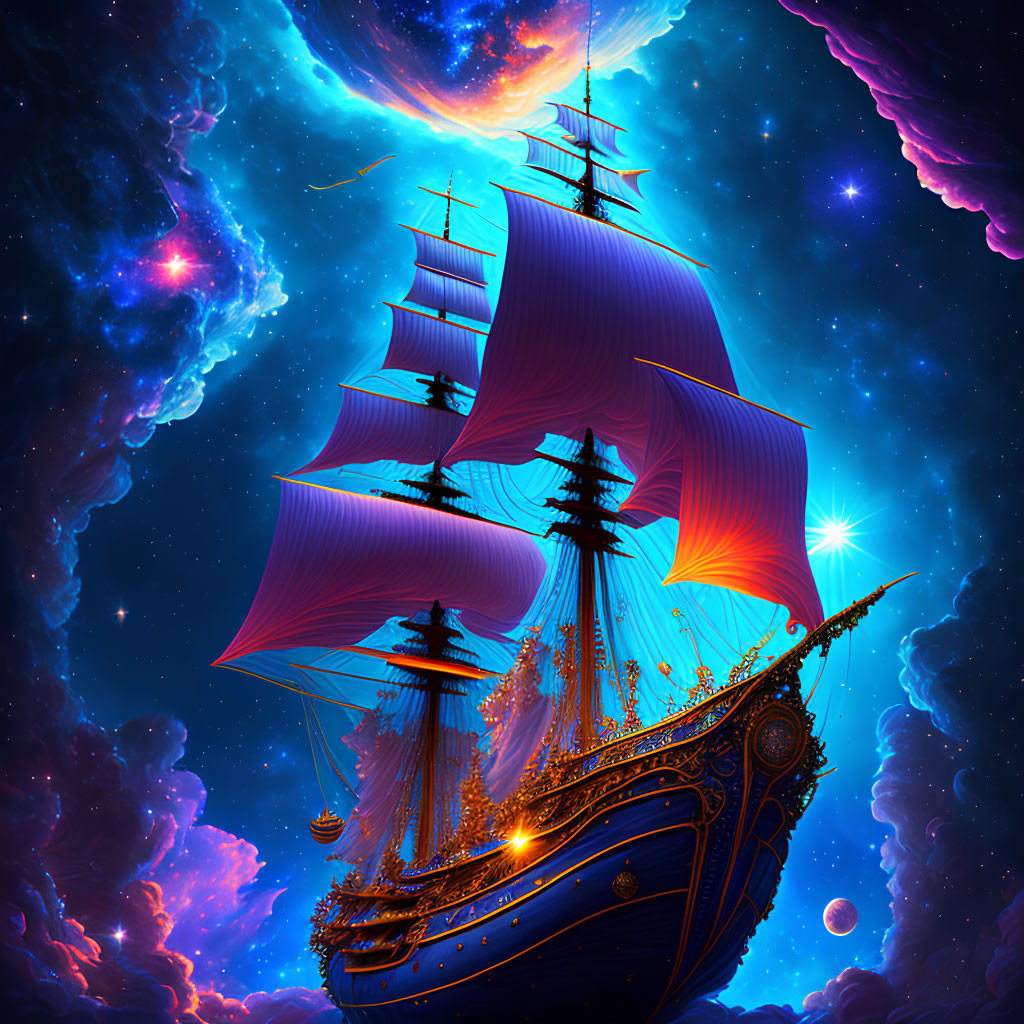 Majestic sailing ship in cosmic space with golden accents.