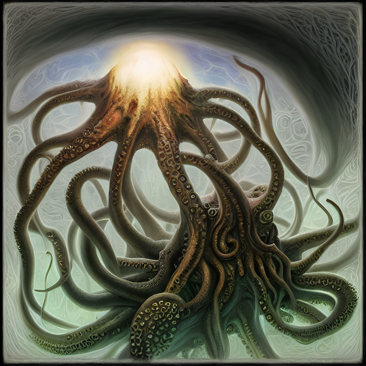 Surreal octopus illustration with spread tentacles on green backdrop