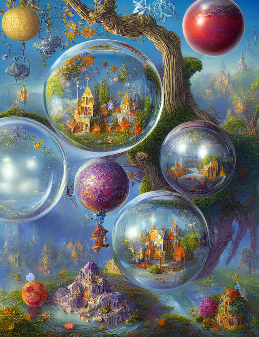 Fantastical Artwork: Translucent Orbs with Miniature Landscapes in Dreamlike Tree