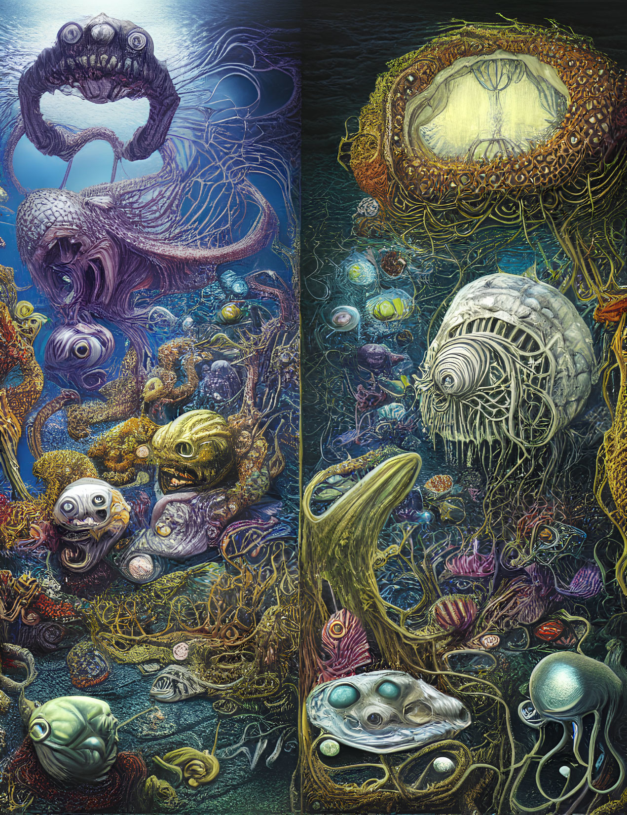 Detailed illustration of whimsical sea creatures and flora in underwater setting