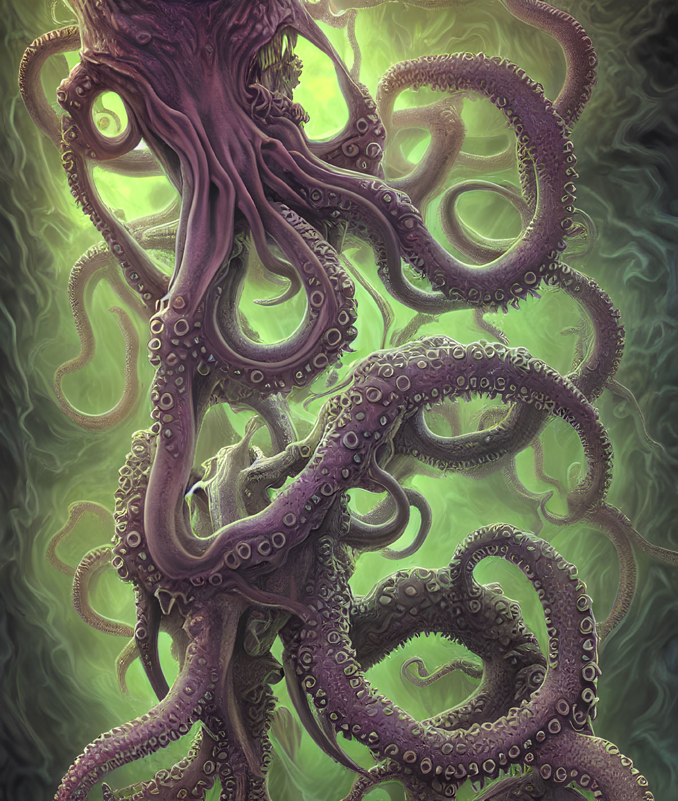 Purple Octopus-Like Creature with Tentacles on Green Misty Background