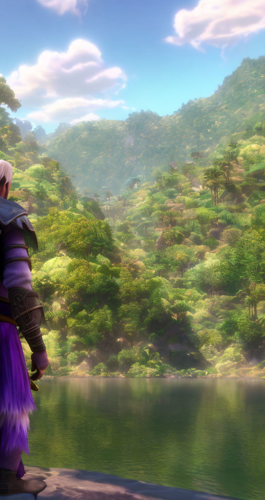 Purple-haired character in armor gazes at serene forest and river