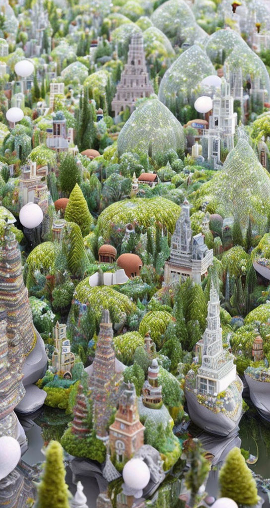 Fantastical miniature cityscape with green foliage and diverse buildings under lush domed canopies