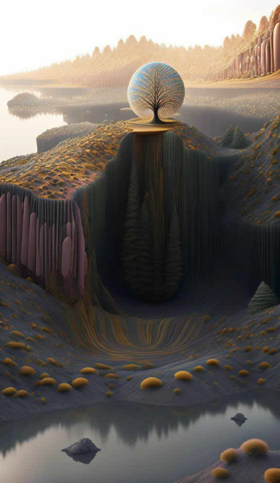 Surreal landscape with textured spherical object on cliff overlooking mirror-like lake