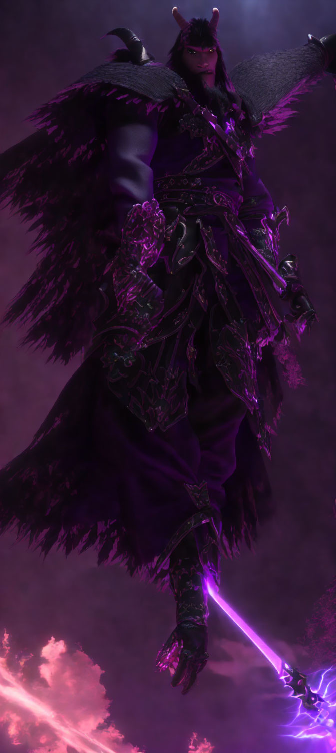 Ornate dark armor figure with glowing purple sword on misty backdrop