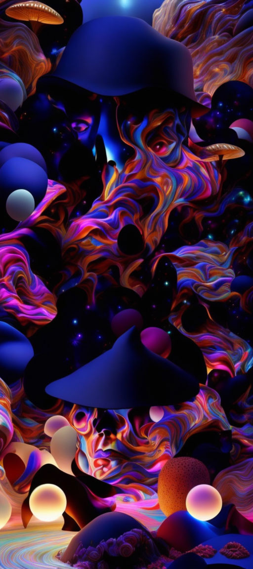 Colorful digital artwork: swirling patterns, mushroom shapes, glowing orbs in cosmic scene