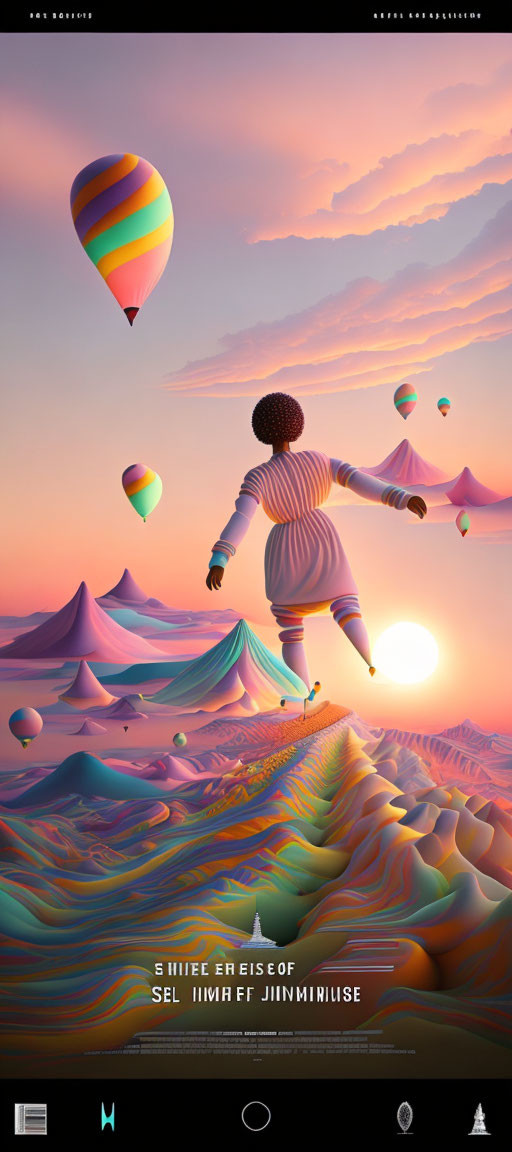 Colorful hot air balloons over undulating hills with a child and setting sun