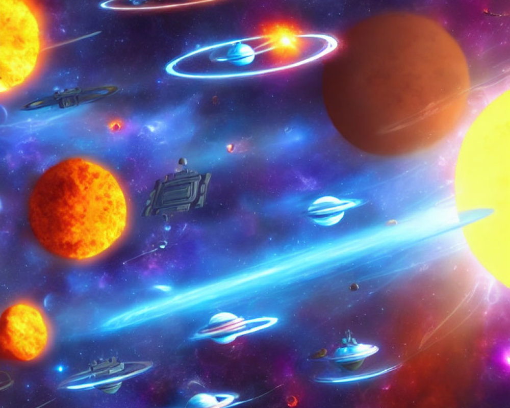 Colorful outer space scene with spaceships and planets