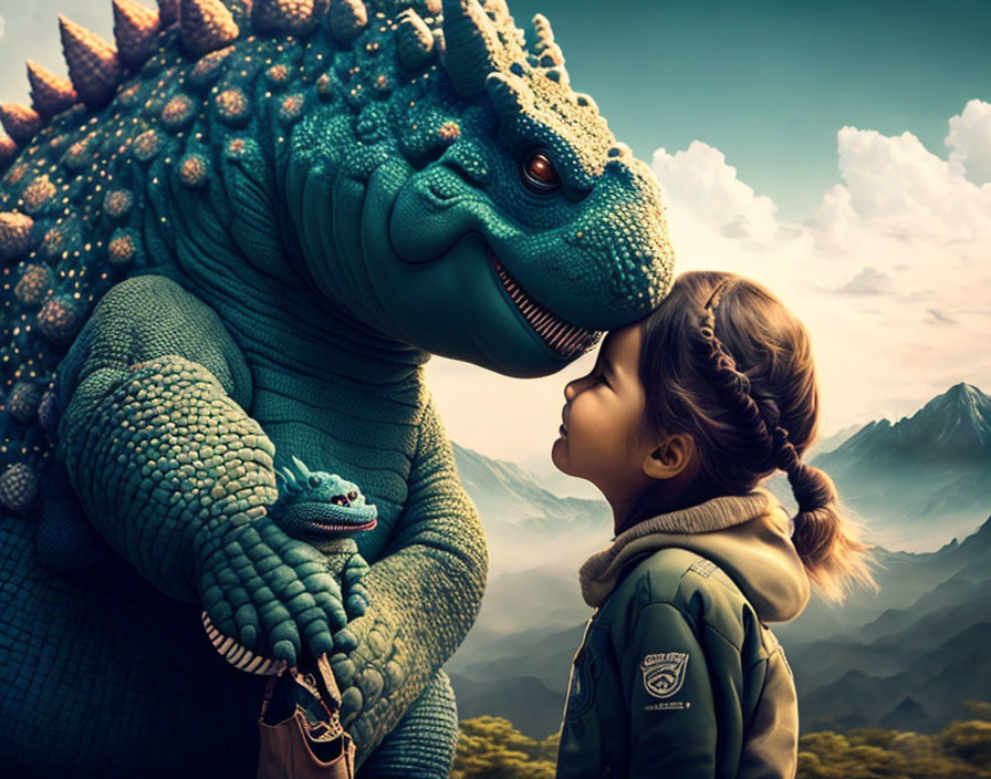 Young girl and blue dinosaur with orange spikes share tender moment with tiny dinosaur.