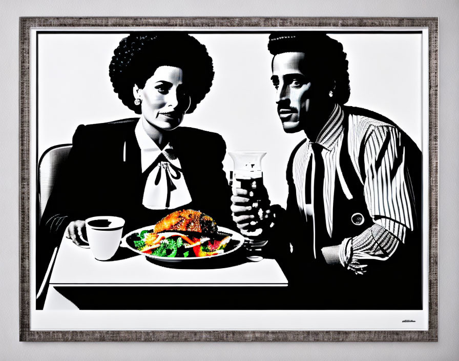 Monochrome illustration of couple dining together