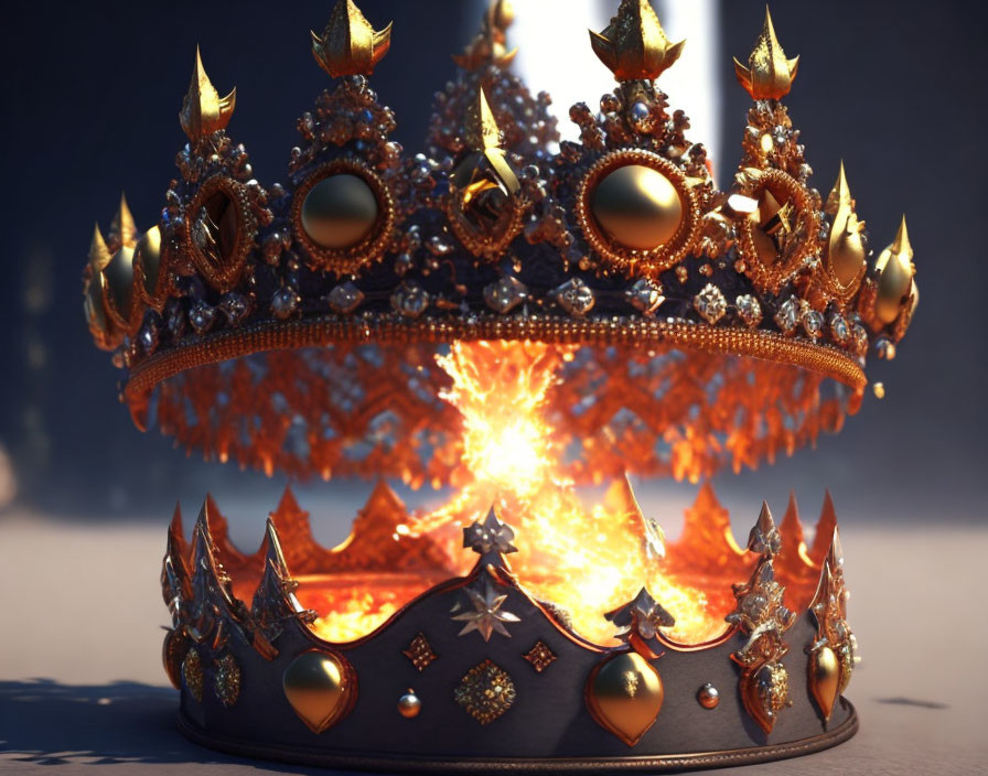 Golden Crown with Jewels and Pearls Levitating over Fiery Burst