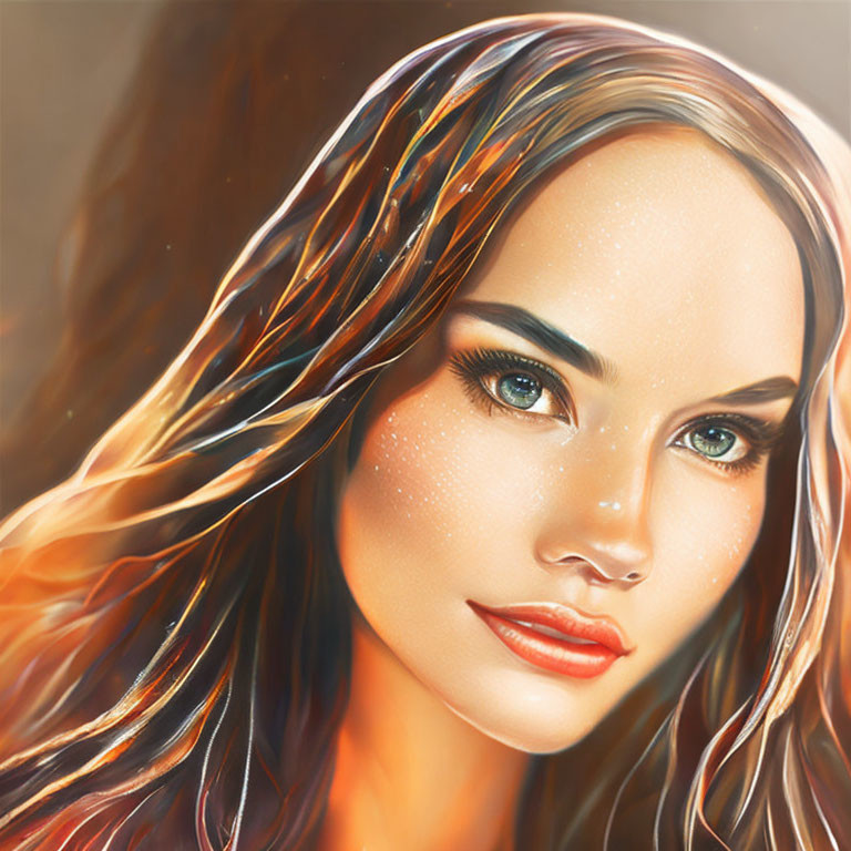 Digital portrait of a woman with flowing hair and vivid blue eyes.